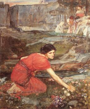 約翰 威廉姆 沃特豪斯 Maidens picking Flowers by a Stream, Study